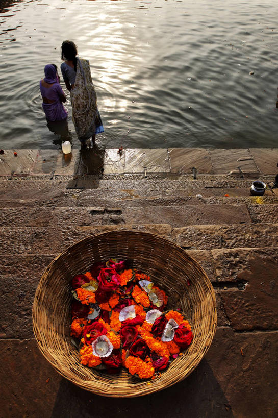 成年人,两个人,站,竖图,俯视,室外,白天,河流,楼梯,日光,印度,湿,阴影,篮子,花,容器,祈祷,摄影,宗教,朝圣节,印度文化,纱丽,北方邦,灵性,瓦拉纳西,恒河,印度次大陆,彩图,高角度拍摄,西高止山脉