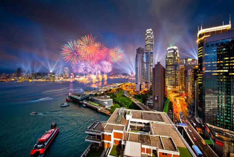 无人,横图,俯视,室外,夜晚,爆炸,城市,建筑,船,香港,光束,塔,海湾,现代,运输,摄影,照亮,彩图,高角度拍摄