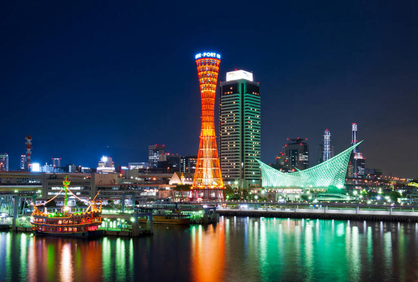 无人,横图,室外,夜晚,海洋,城市,建筑,船,日本,日本文化,反射,塔,现代,运输,摄影,照亮,万里无云,神户,彩图,海港