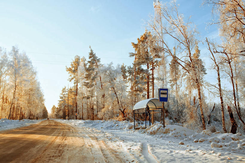 无人,横图,室外,雪,俄罗斯,冬天,黎明,树,天空,自然,寒冷,运输,摄影,交通标志,彩图,公共汽车站