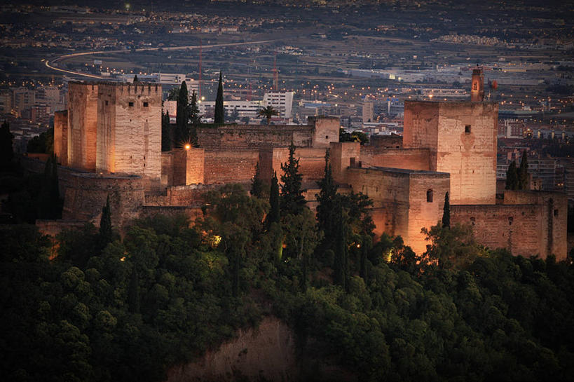 无人,横图,室外,夜晚,建筑,西班牙,城堡,历史,格拉纳达,树,摄影,照亮,彩图