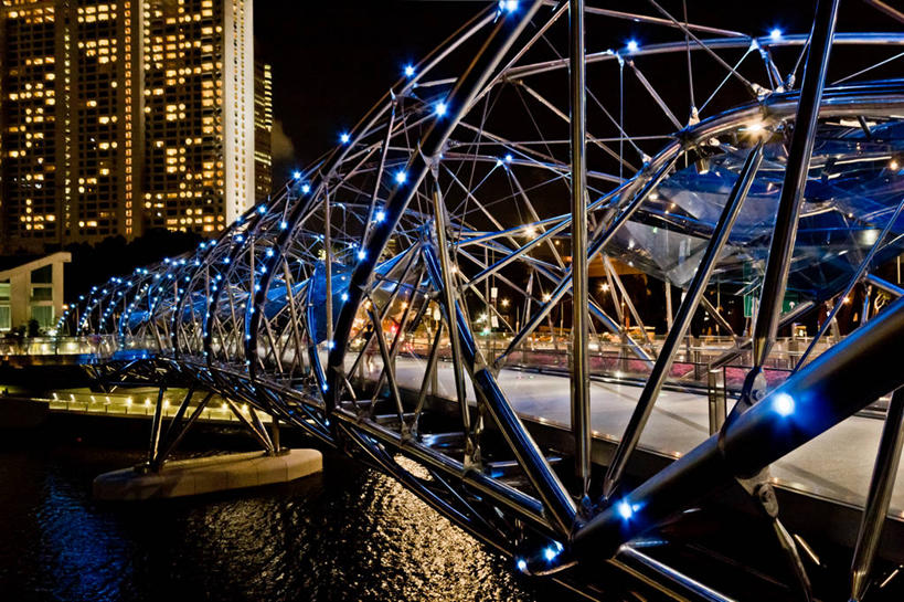 无人,横图,室外,夜晚,河流,城市,建筑,新加坡,反射,螺旋,桥,联系,现代,摄影,人行桥,照亮,彩图,滨海湾金沙酒店