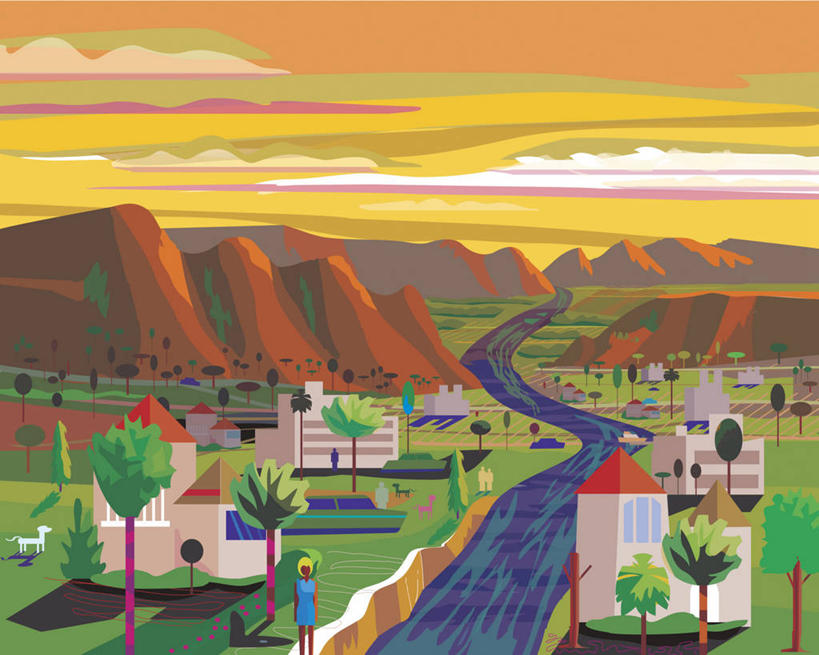 成年人,一个人,横图,插画,室外,白天,数码,科技,河流,美景,山,山脉,狗,美国,仅一个女性,三只,阴影,网络,地形,景观,山谷,高光,几何,计算机图形,合成,图画,画,树,黄色,天空,自然,景色,宁静,电脑合成图,数码合成图,合成图,加利福尼亚,自然风光,漫画,写实,具体,具象,斯坦福,彩图