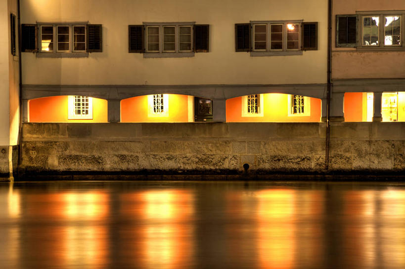 无人,横图,室外,长时间曝光,窗户,建筑,瑞士,反射,黄昏,摄影,宁静,照亮,利马特河,苏黎士,彩图