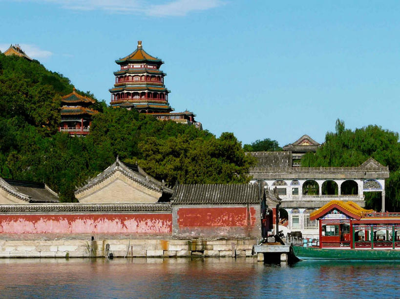 无人,横图,室外,白天,湖,建筑,船,北京,云,首都,宝塔,树,天空,运输,摄影,宗教,昆明湖,彩图