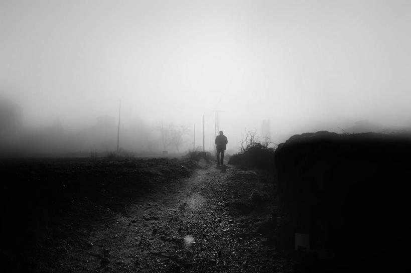 成年人,一个人,横图,黑白,室外,夜晚,雾,西班牙,仅一个男性,云,格拉纳达,树,摄影,步行,独处