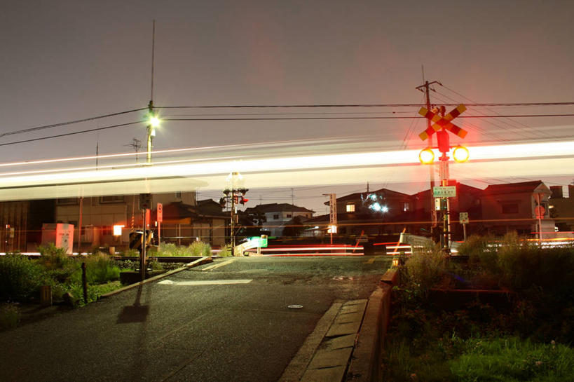无人,横图,室外,夜晚,通讯,路,火车,日本,天空,运输,摄影,红灯,车灯,迅速,照亮,冈山县,彩图