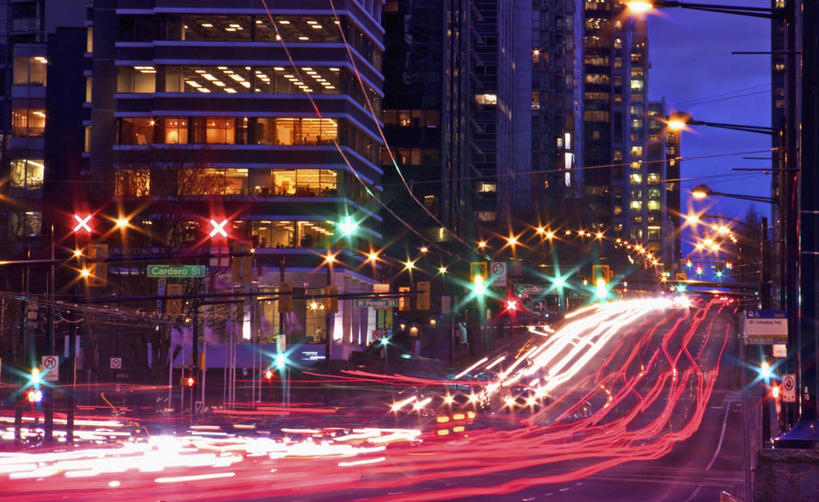 无人,横图,室外,夜晚,长时间曝光,建筑,街道,加拿大,运输,摄影,迅速,照亮,市区,温哥华,大不列颠哥伦比亚,彩图