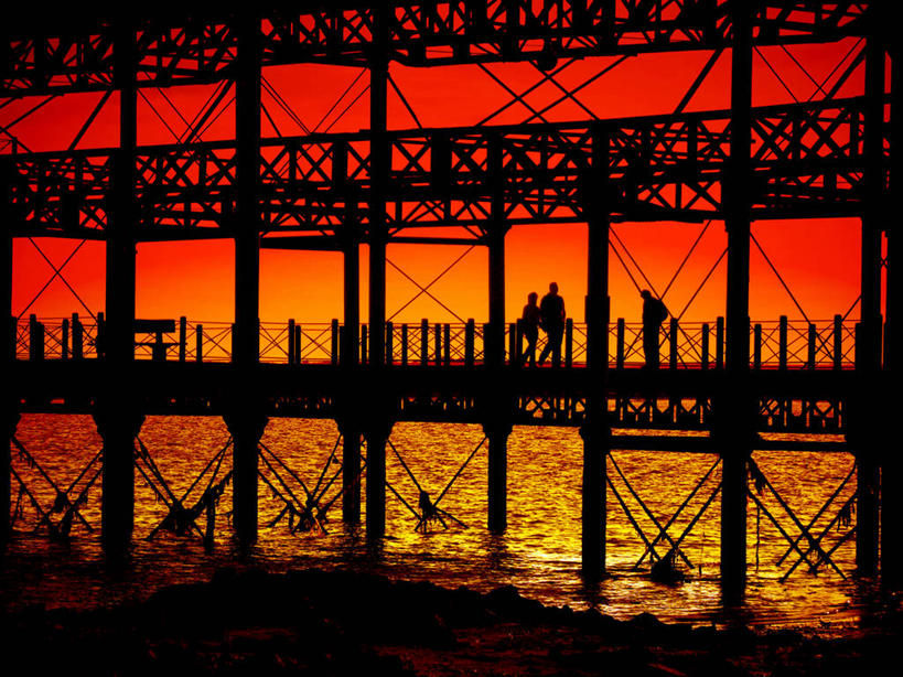 三个人,横图,室外,海洋,日落,西班牙,桥,联系,自然,摄影,剪影,岩石,彩图