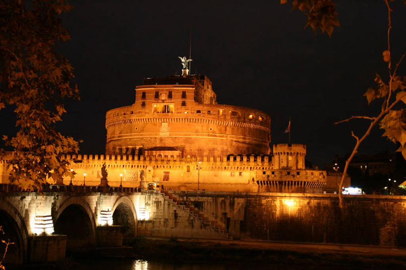 无人,横图,室外,夜晚,河流,建筑,意大利,城堡,首都,历史,拱桥,树,摄影,照亮,坟墓,意大利文化,台伯河,彩图
