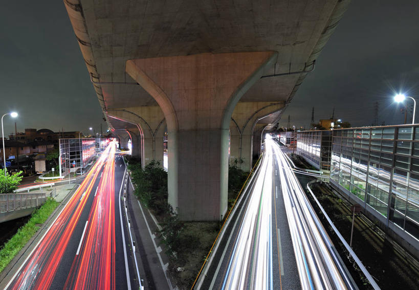 无人,横图,室外,夜晚,长时间曝光,城市,建筑,路,路灯,爱知县,名古屋,日本,桥,联系,摄影,迅速,照亮,彩图