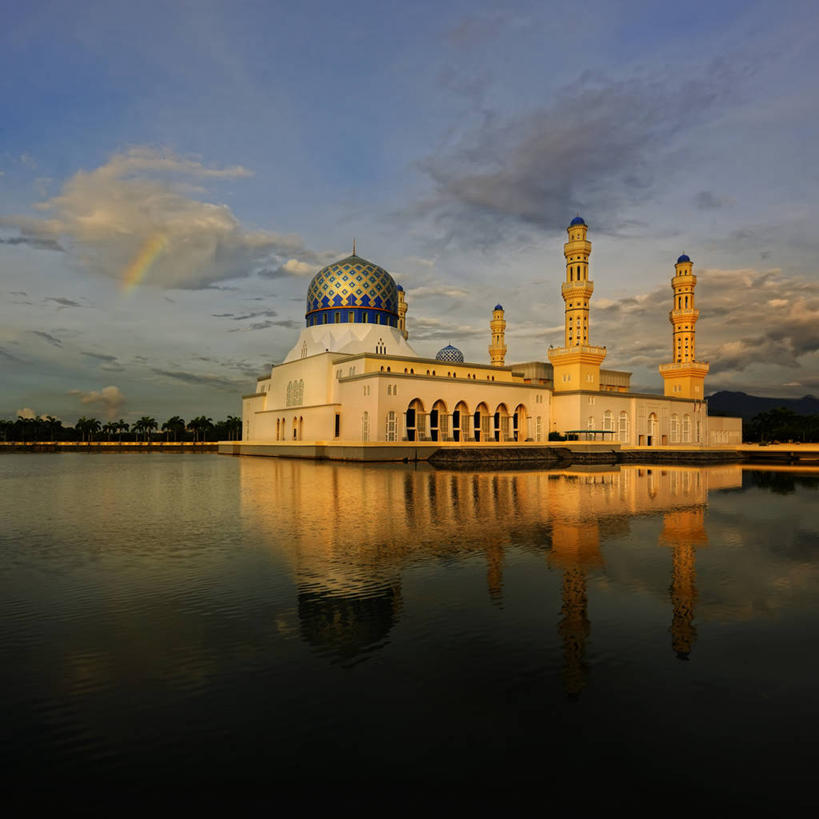 无人,方图,室外,湖,日落,建筑,反射,云,天空,摄影,宗教,尖塔,伊斯兰教,圆顶建筑,清真寺,哥打基纳巴卢,沙巴州,彩图,马来文化