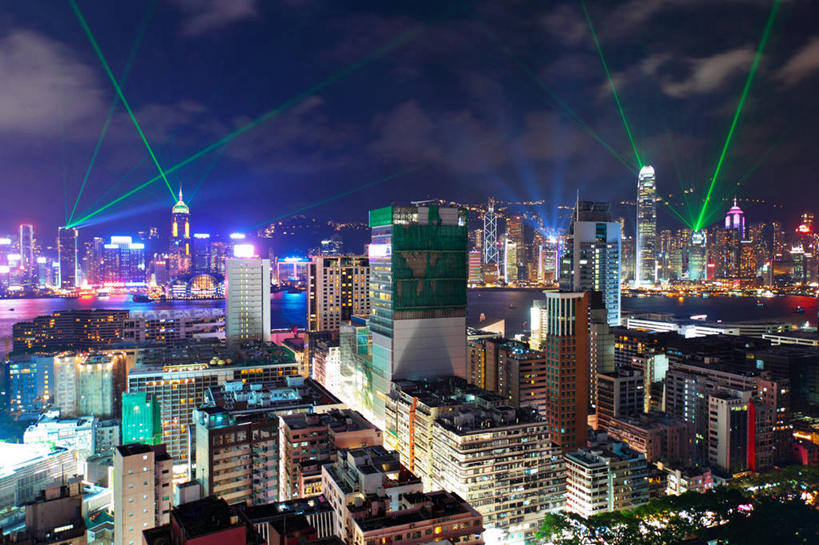 无人,横图,室外,夜晚,激光,天际线,城市,建筑,摩天大楼,香港,云,天空,摄影,东南亚,照亮,彩图