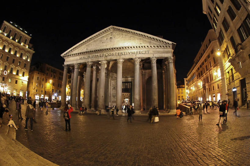 横图,室外,夜晚,鱼眼镜头,城市,建筑,意大利,柱子,首都,历史,天空,地标建筑,摄影,照亮,意大利文化,拉奇奥,罗马万神殿,彩图