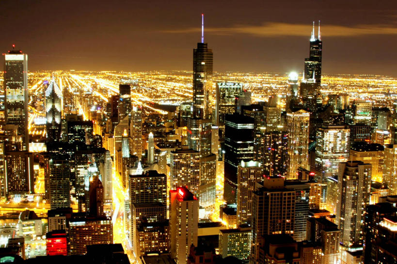 无人,横图,俯视,航拍,室外,夜晚,度假,美景,天际线,城市风光,城市,建筑,摩天大楼,美国,景观,娱乐,现代,享受,休闲,景色,放松,摄影,照亮,鸟瞰,市区,伊利诺斯州,芝加哥市,彩图,高角度拍摄,华丽一英里