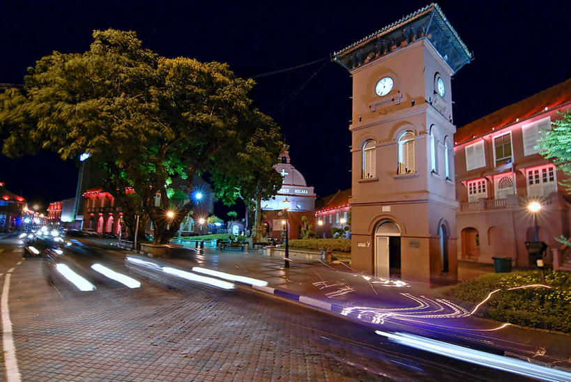无人,博物馆,横图,室外,夜晚,长时间曝光,城市,建筑,路,马来西亚,树,摄影,宁静,照亮,万里无云,马六甲州,彩图