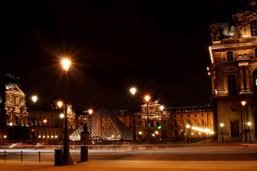 无人,横图,室外,夜晚,长时间曝光,建筑,路灯,法国,巴黎,卢浮宫,首都,天空,地标建筑,摄影,照亮,法国文化,彩图
