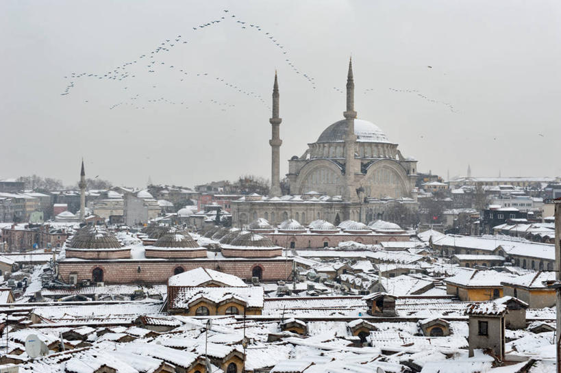 无人,横图,室外,白天,度假,美景,雪,城市风光,城市,建筑,欧洲,一群,许多,鸟类,景观,冬天,很多,娱乐,飞,天空,享受,休闲,景色,放松,寒冷,摄影,尖塔,伊斯兰教,圆顶建筑,清真寺,伊斯坦布尔,大巴扎,彩图