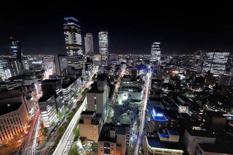 无人,横图,室外,夜晚,长时间曝光,度假,美景,城市风光,城市,建筑,路,摩天大楼,爱知县,名古屋,日本,景观,娱乐,现代,享受,休闲,景色,放松,摄影,车灯,照亮,彩图