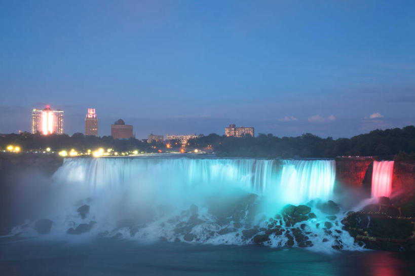 无人,横图,室外,夜晚,长时间曝光,瀑布,天际线,美国,喷,飞溅,树,天空,摄影,照亮,尼亚加拉瀑布,彩图