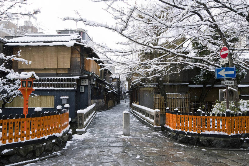 无人,栏杆,横图,室外,白天,雪,建筑,日本,日本文化,冬天,桥,联系,树,寒冷,摄影,京都府,京都市,祗园,彩图