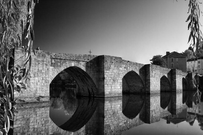 横图,黑白,室外,白天,河流,法国,反射,房屋,联系,拱桥,树,天空,摄影,利摩日