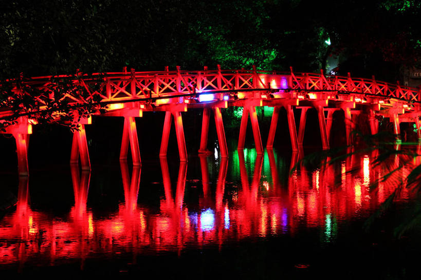 无人,横图,室外,夜晚,建筑,越南,桥,首都,联系,树,摄影,照亮,河内,还剑湖,彩图,栖旭桥