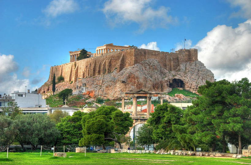 无人,横图,室外,白天,建筑,希腊,柱子,云,首都,历史,废墟,草,树,天空,地标建筑,摄影,宗教,希腊文化,岩石,彩图,宙斯神庙