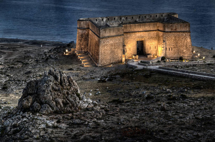 无人,横图,室外,海洋,建筑,西班牙,城堡,历史,黄昏,地标建筑,摄影,宁静,照亮,阿尔梅里亚,岩石,彩图