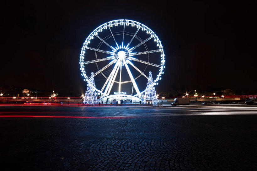 横图,室外,夜晚,长时间曝光,河流,法国,巴黎,首都,摄影,尾灯,照亮,大转轮,万里无云,法兰西岛大区,休闲活动,彩图