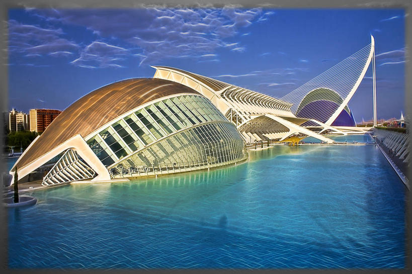 无人,横图,室外,白天,城市,建筑,西班牙,反射,云,现代,天空,地标建筑,摄影,巴伦西亚省,几何形状,彩图,艺术科学城