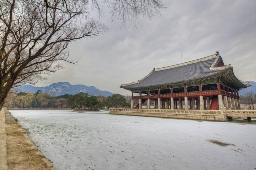 无人,横图,室外,白天,山,多云,建筑,首尔,韩国,池塘,首都,历史,灰色,天空,自然,摄影,宁静,亭台楼阁,彩图