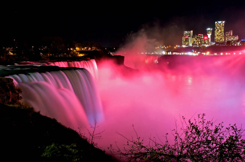无人,横图,室外,夜晚,长时间曝光,瀑布,天际线,城市,建筑,美国,流水,粉色,风景,天空,自然,烟,摄影,照亮,尼亚加拉瀑布,彩图
