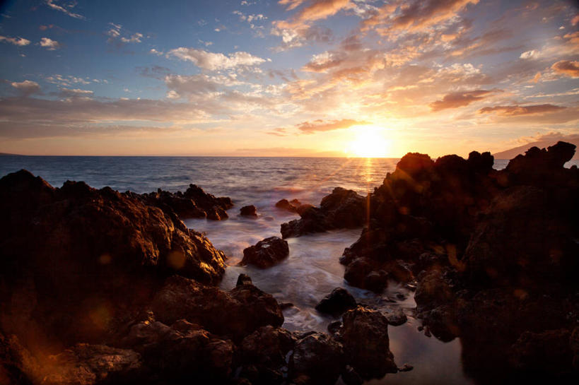 无人,横图,室外,海洋,日落,太阳,美国,反射,云,风景,自然,摄影,宁静,岩层,夏威夷群岛,太平洋岛屿,岩石,彩图,毛伊岛