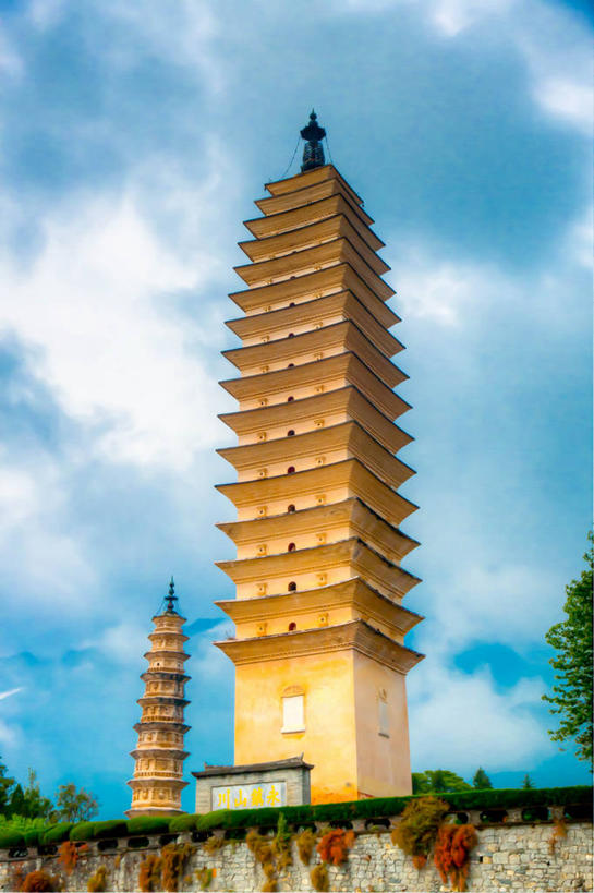 无人,竖图,室外,白天,仰视,多云,建筑,大理,宝塔,摄影,宗教,云南省,彩图,低角度拍摄