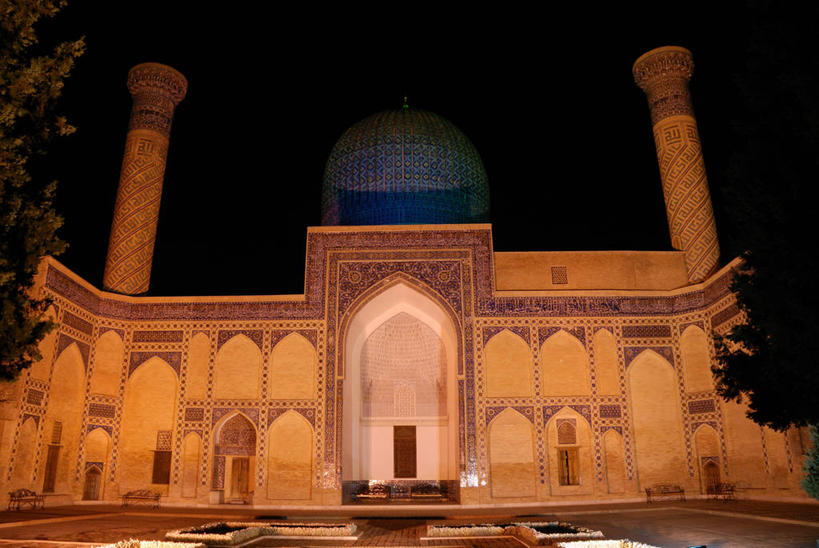 无人,横图,室外,夜晚,建筑,乌兹别克斯坦,柱子,拱门,历史,摄影,坟墓,彩图,帝国