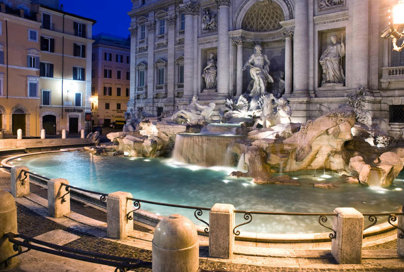 无人,横图,室外,旅游,水,建筑,喷泉,雕塑,意大利,标志,雕像,符号,柱子,篱笆,黎明,首都,历史,标识,地标建筑,摄影,照亮,意大利文化,特莱维喷泉,性别符号,旅行,男性符号,传统文化