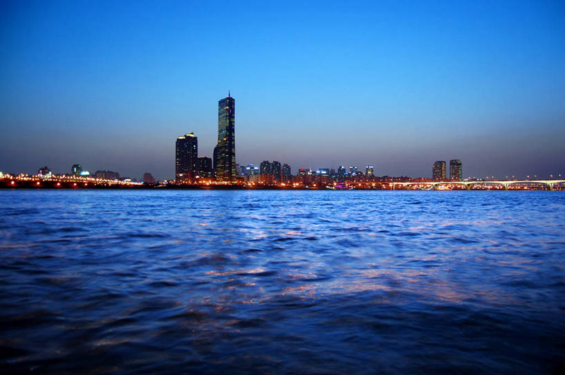 无人,横图,室外,天际线,城市,建筑,摩天大楼,首尔,韩国,波纹,首都,黄昏,摄影,照亮,万里无云,汉江