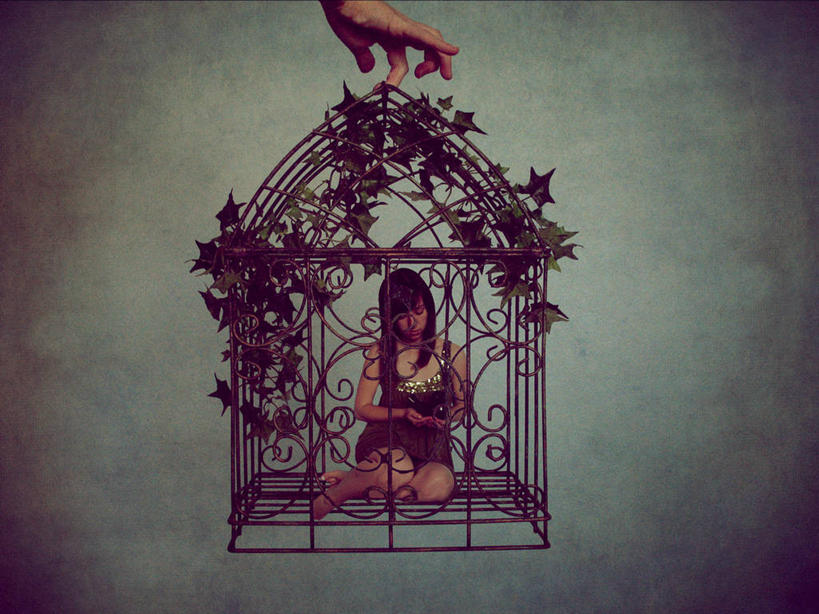 西方人,成年人,两个人,坐,横图,室内,欧洲,美国,欧洲人,笼子,数码合成,思考,摄影,控制,梦想,男人,男性,女人,女性,白种人,影棚拍摄,独处,弱点,白日梦