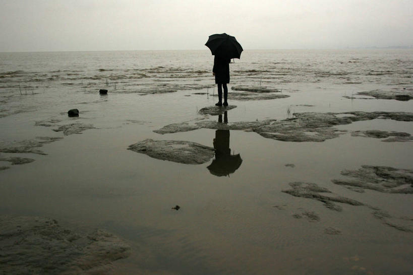 一个人,站,横图,室外,度假,海洋,水,阿根廷,朦胧,模糊,伞,沙子,地平线,水平线,黎明,天气,首都,拿着,思考,南美,摄影,布宜诺斯艾利斯,海滩,休闲活动,旅行