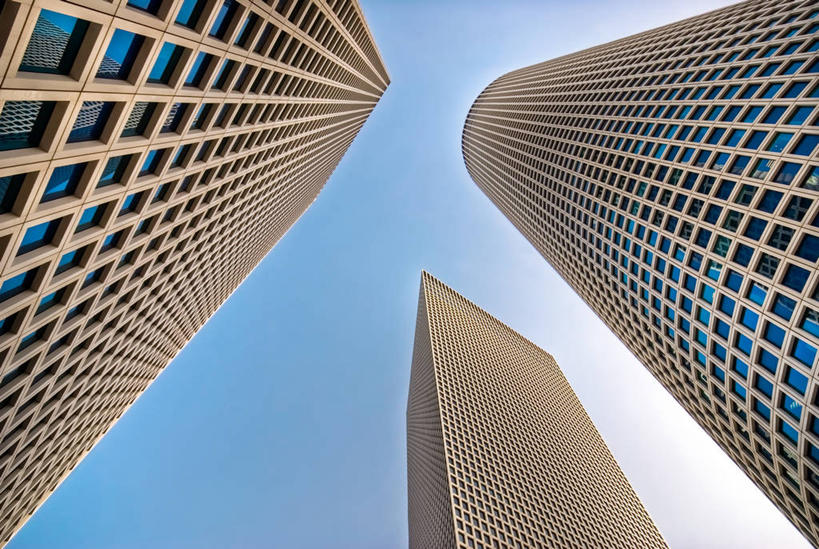 无人,横图,室外,白天,仰视,建筑,摩天大楼,以色列,塔,天空,办公大楼,摄影,中东,万里无云,特拉维夫,低角度拍摄