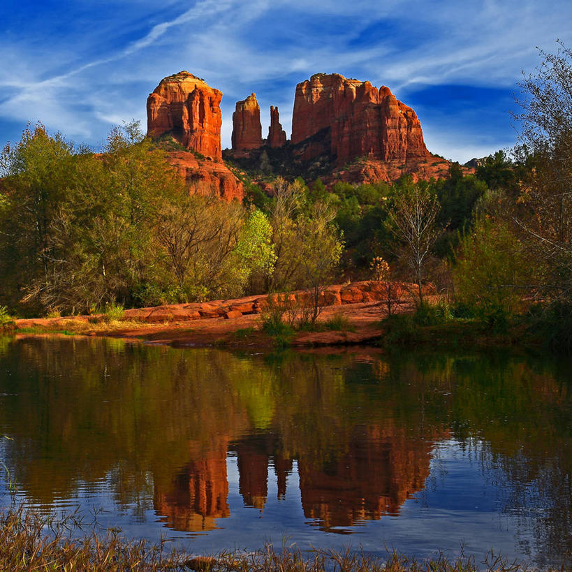 无人,方图,室外,仰视,美景,美国,反射,景观,流水,云,树,风景,天空,小溪,自然,黄昏,景色,摄影,宁静,亚利桑那,岩层,自然风光,沉积岩,塞多纳,沙岩,岩石,低角度拍摄,旅行