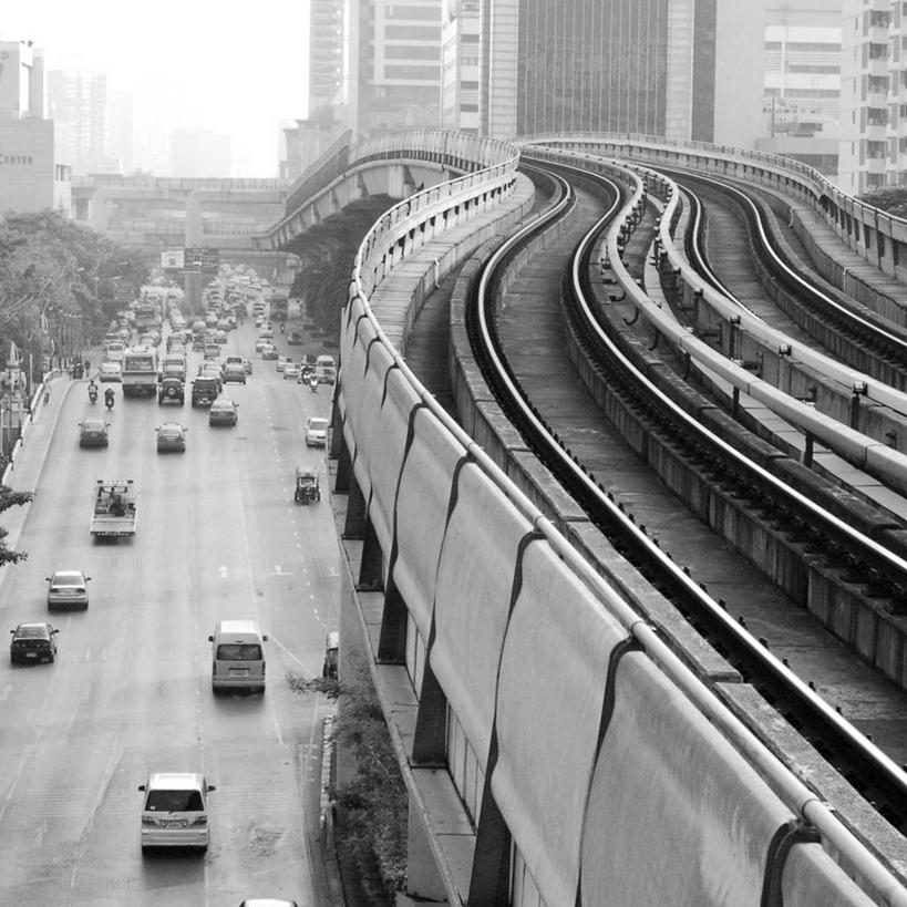 无人,方图,黑白,室外,白天,城市,建筑,路,铁路,汽车,曼谷,泰国,机动车,轨道,交通,铁轨,首都,车厢,天空,运输,摄影,印度支那,旅行