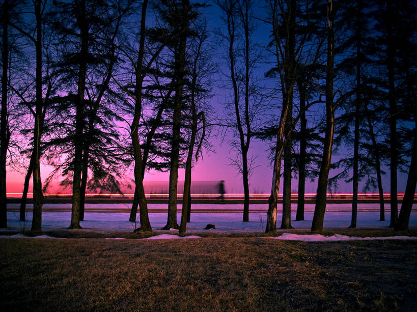 横图,室外,夜晚,运动模糊,长时间曝光,加拿大,光亮,树,摄影,车灯,尾灯,怪异,照亮,马尼托巴湖,旅行