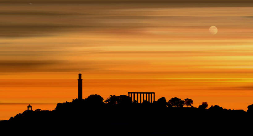 无人,横图,室外,建筑,英国,柱子,首都,历史,树,黄昏,摄影,北欧,剪影,逆光,爱丁堡,卡尔顿山,旅行