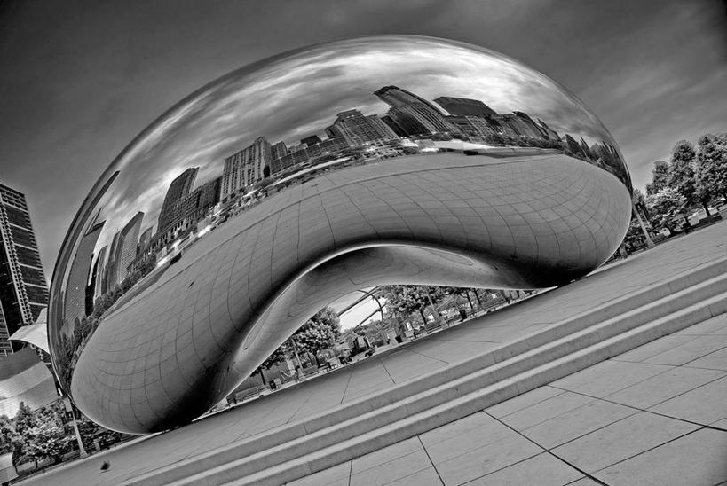 无人,横图,黑白,室外,白天,城市,建筑,美国,反射,云,台阶,摄影,早晨,芝加哥市