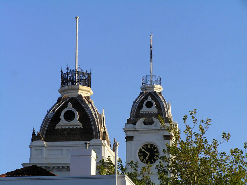 无人,横图,室外,白天,建筑,澳大利亚,历史,钟塔,摄影,市政厅,树梢,墨尔本,万里无云,澳大拉西亚