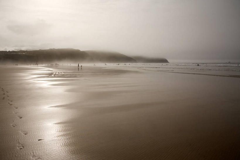 横图,室外,白天,度假,海洋,雾,英国,脚印,沙子,方向,天空,自然,摄影,宁静,北欧,黄金海岸,康沃尔,海滩,西南英格兰