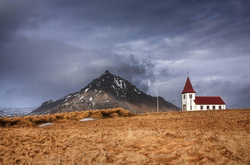 无人,教堂,横图,室外,白天,山,多云,建筑,冰岛,地形,风景,摄影,斯奈山半岛,彩图