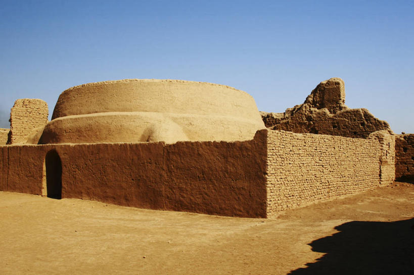 无人,横图,室外,白天,沙漠,建筑,日光,围墙,废墟,摄影,考古学,吐鲁番,万里无云,新疆维吾尔自治区,古代文明,彩图